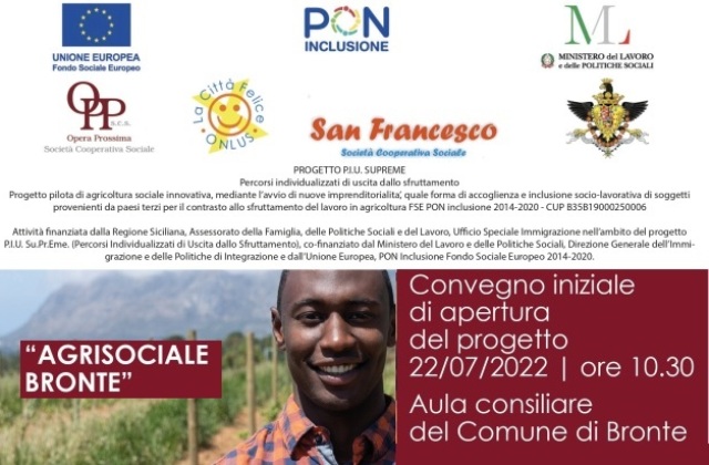 Convegno iniziale di apertura del progetto “AGRISOCIALE BRONTE”, venerdì 22 luglio, ore 10.30, aula consiliare del Comune di Bronte